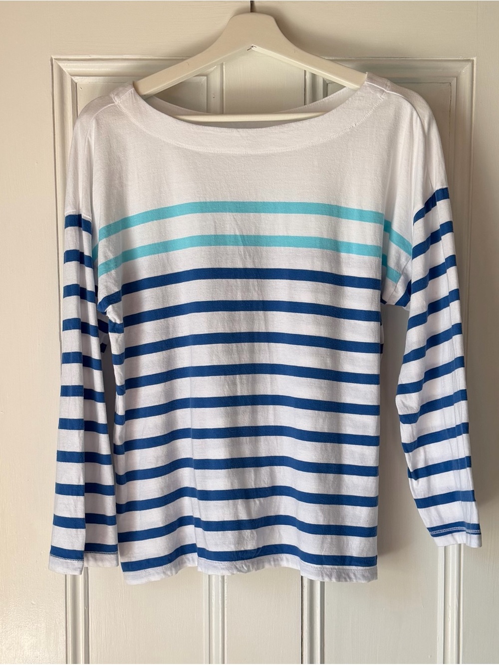 Nautica Womens Pullover White w/ Blue Stripes Sz L Boat Neck 3/4 Sleeve Nautical